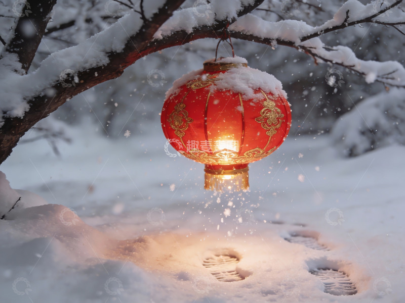 高清大图下载【趣麦麦图】雪夜红灯笼映衬脚印