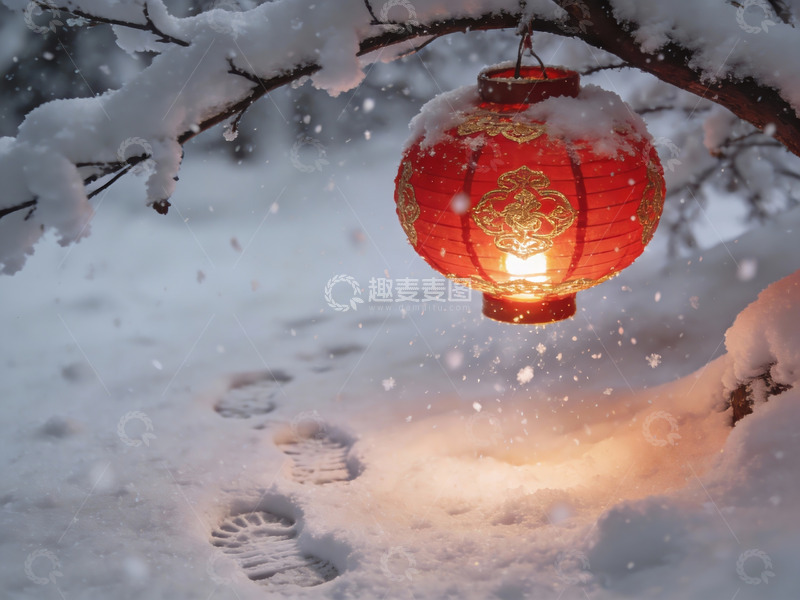 高清大图下载【趣麦麦图】雪夜红灯笼映照脚印