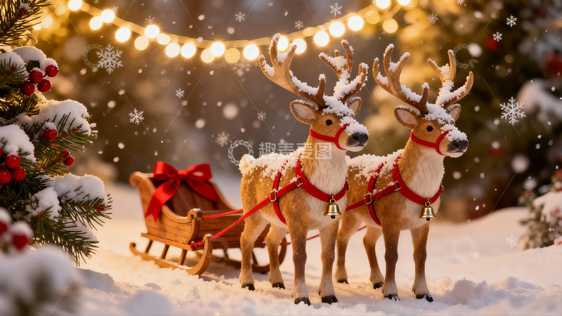 高清大图下载【趣麦麦图】雪地驯鹿拉雪橇节日场景