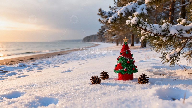 高清大图下载【趣麦麦图】雪地圣诞树与松果静景