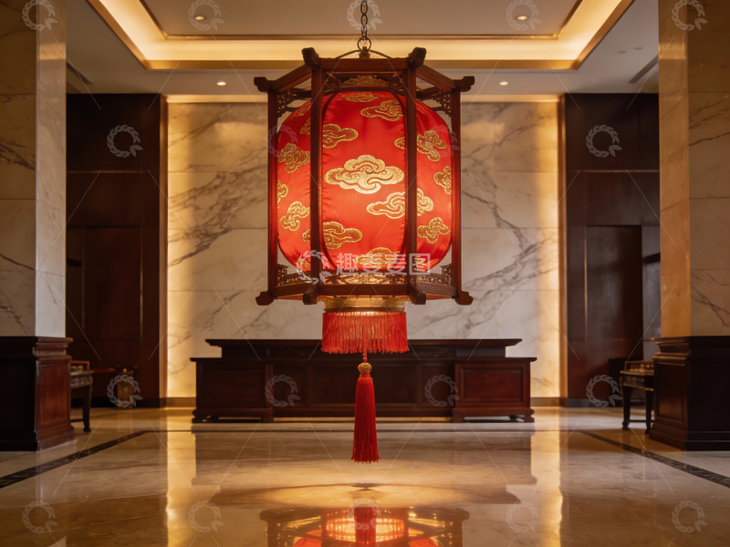高清大图下载【趣麦麦图】中式红色灯笼悬挂大厅