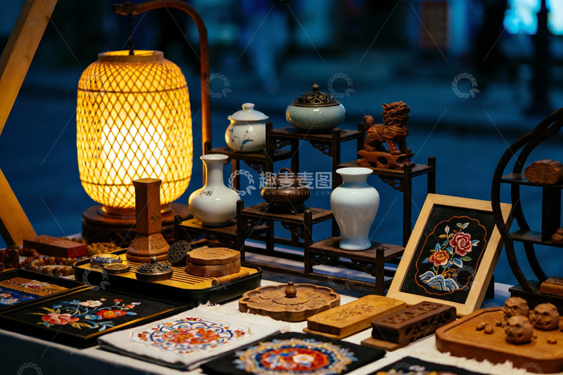 高清大图下载【趣麦麦图】夜市摊位展示传统工艺品