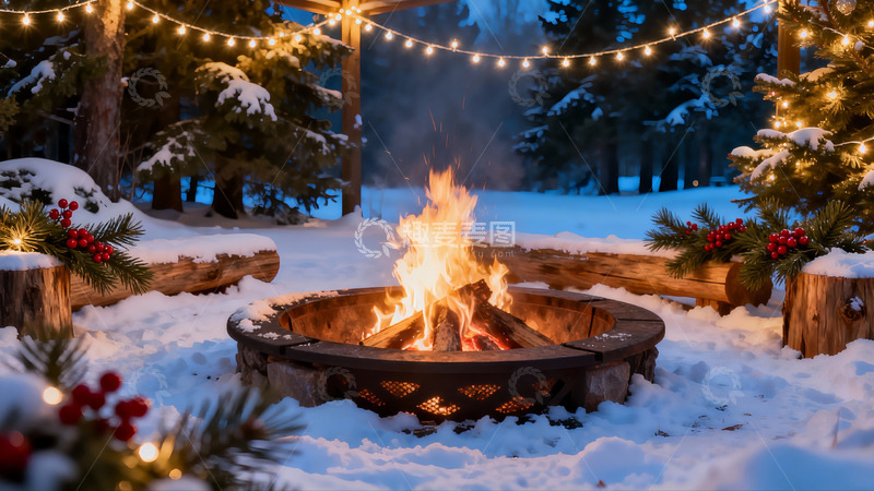 高清大图下载【趣麦麦图】雪夜篝火旁的温馨圣诞场景