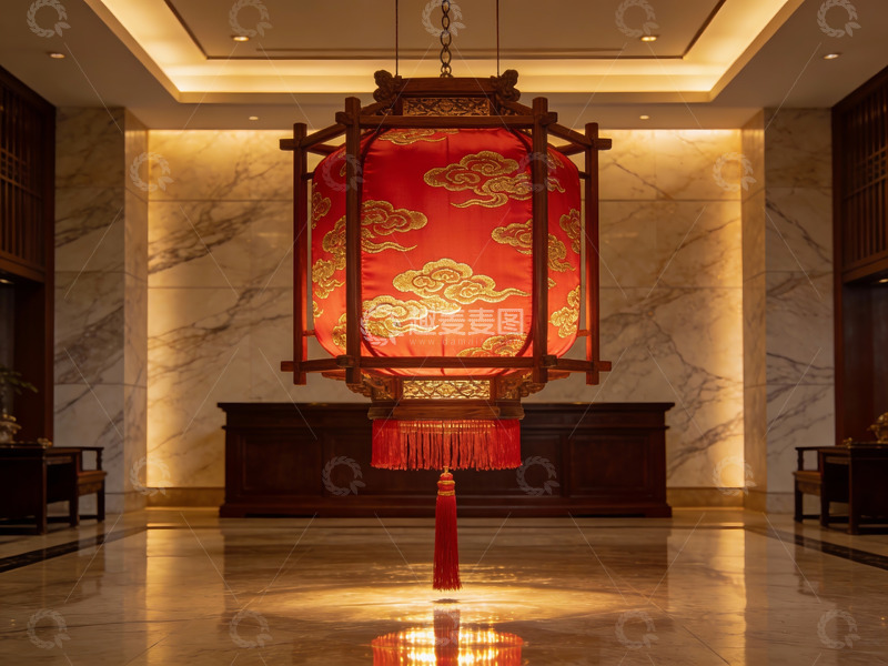 高清大图下载【趣麦麦图】中式大厅悬挂红色灯笼装饰