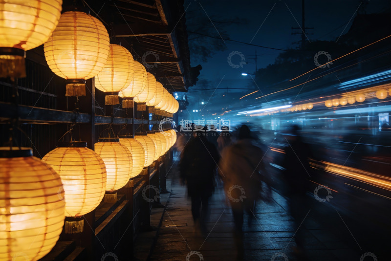 高清大图下载【趣麦麦图】夜街灯笼光影行人流动