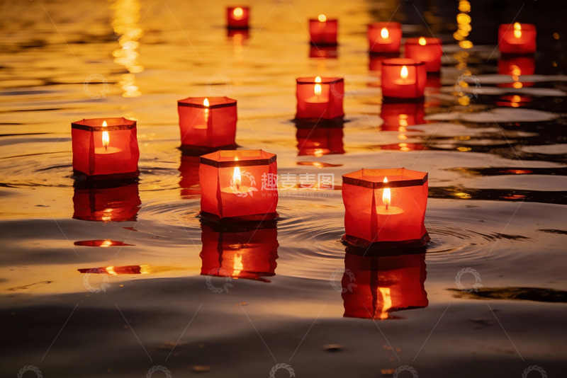 高清大图下载【趣麦麦图】水中漂浮的红色烛灯夜景