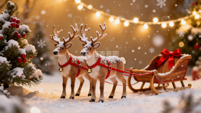 高清大图下载【趣麦麦图】雪地驯鹿拉雪橇圣诞场景