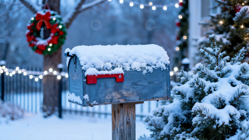 高清大图下载【趣麦麦图】雪后圣诞邮箱与松树