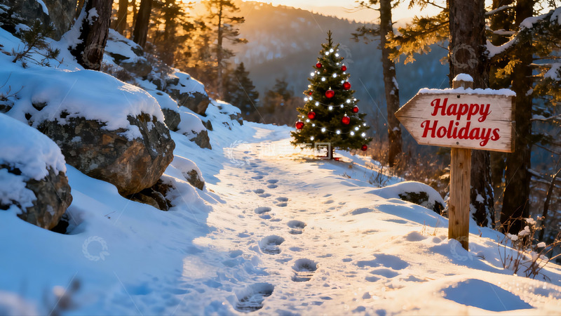 高清大图下载【趣麦麦图】雪地圣诞树与节日路标