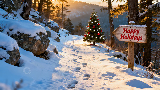 雪地圣诞树与节日路标