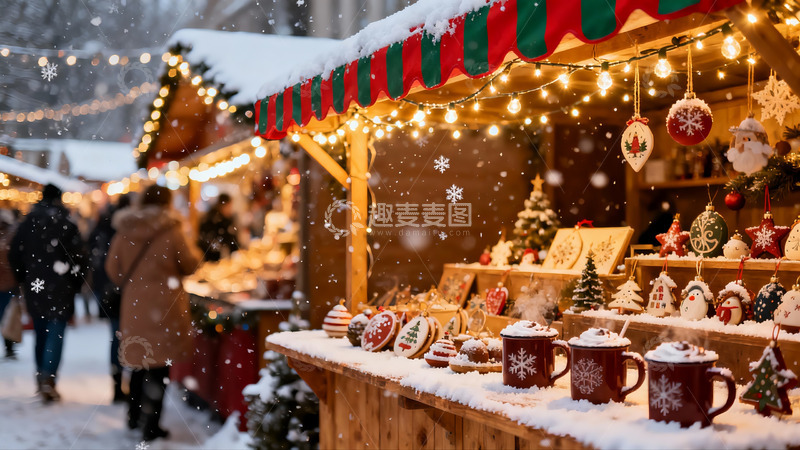 高清大图下载【趣麦麦图】雪夜圣诞市集热闹场景