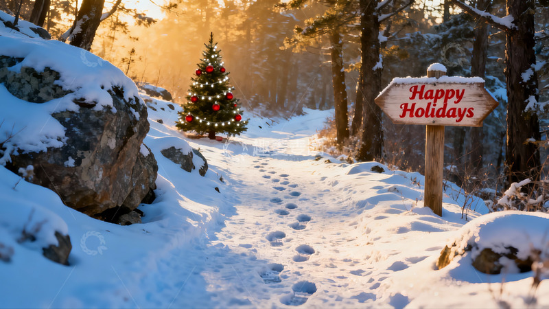 高清大图下载【趣麦麦图】雪地圣诞树与节日路标