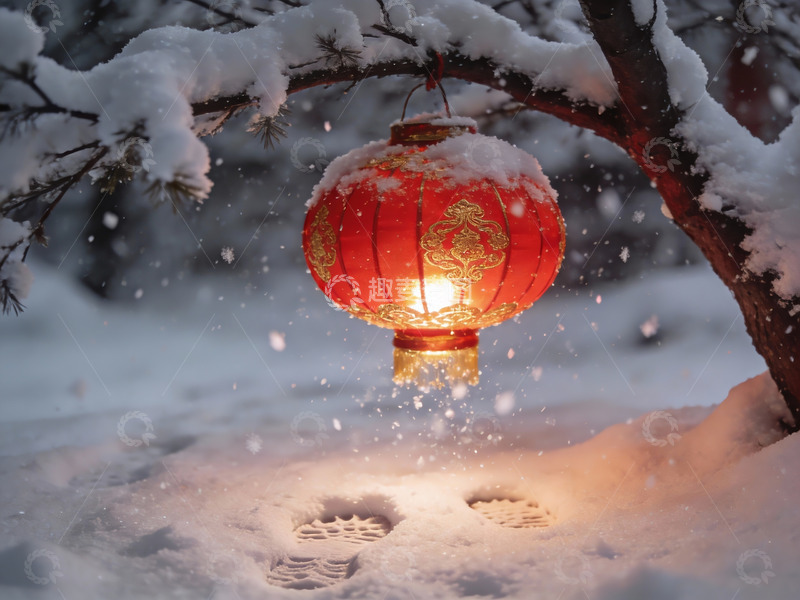 高清大图下载【趣麦麦图】雪夜红灯笼映衬脚印