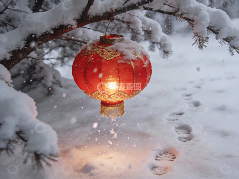 雪中红灯笼映衬冬日美景