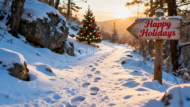 雪地圣诞树与节日路标