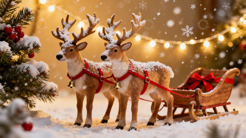 高清大图下载【趣麦麦图】雪地驯鹿拉雪橇圣诞场景