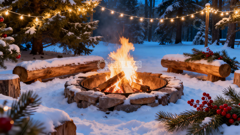 高清大图下载【趣麦麦图】雪夜篝火晚会场景