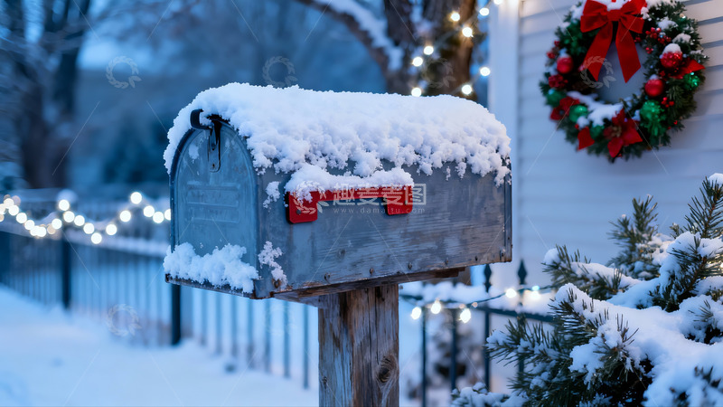 高清大图下载【趣麦麦图】雪后圣诞装饰的邮箱与围栏