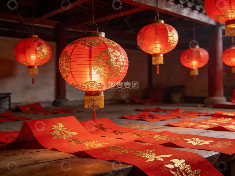 高清大图下载【趣麦麦图】古建筑内红灯笼与春联