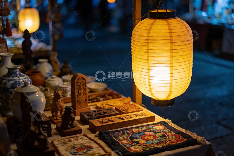 高清大图下载【趣麦麦图】夜市摊位灯笼与工艺品展示