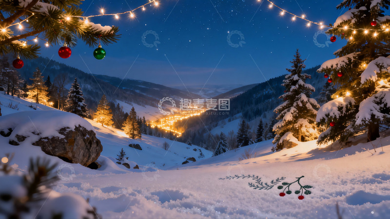 高清大图下载【趣麦麦图】雪夜山林圣诞灯饰美景