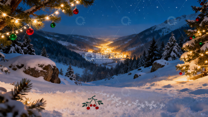 高清大图下载【趣麦麦图】雪夜山景圣诞树装饰