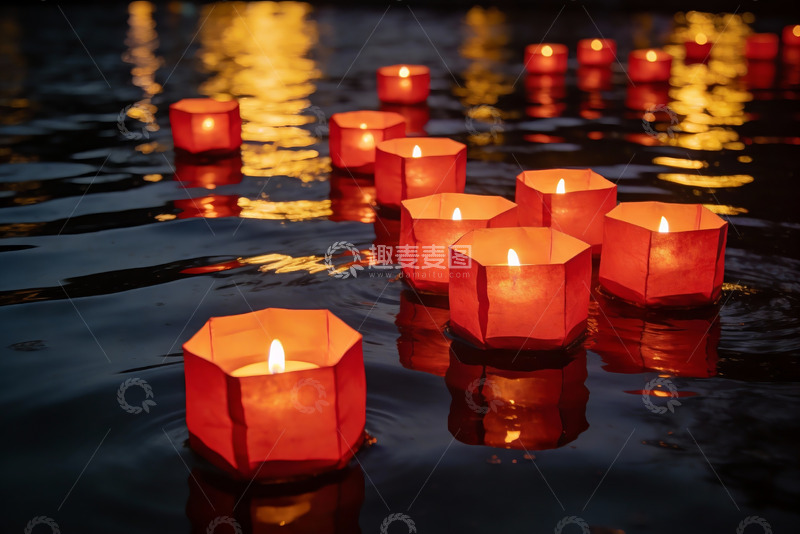 高清大图下载【趣麦麦图】水中漂浮的红色烛光灯笼