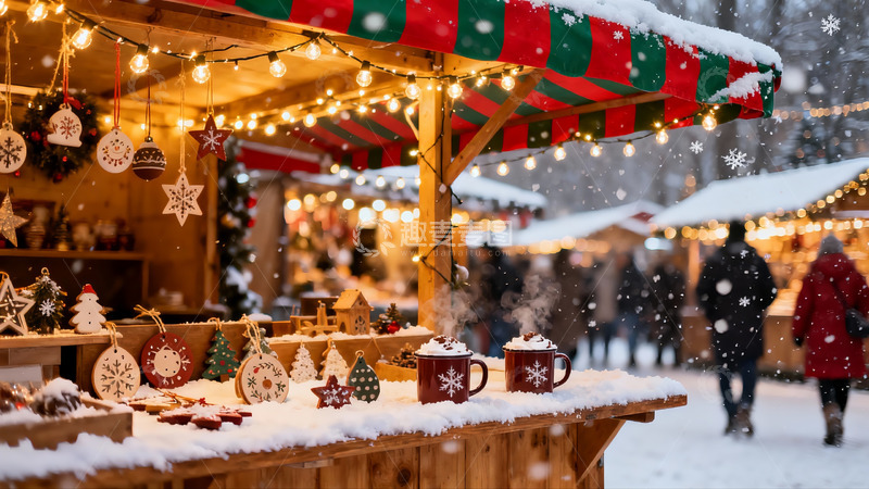 高清大图下载【趣麦麦图】雪夜圣诞市集温馨场景
