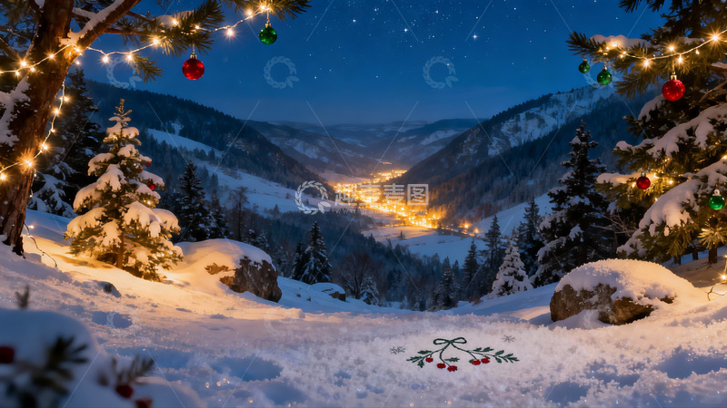 高清大图下载【趣麦麦图】雪夜山林圣诞装饰美景