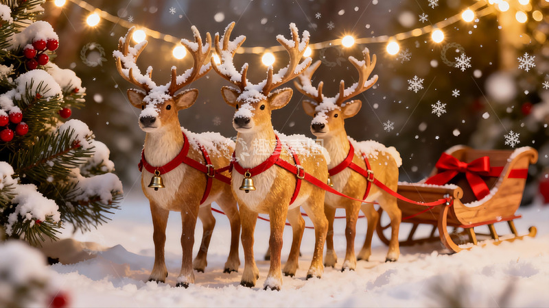 高清大图下载【趣麦麦图】雪地驯鹿拉雪橇圣诞场景