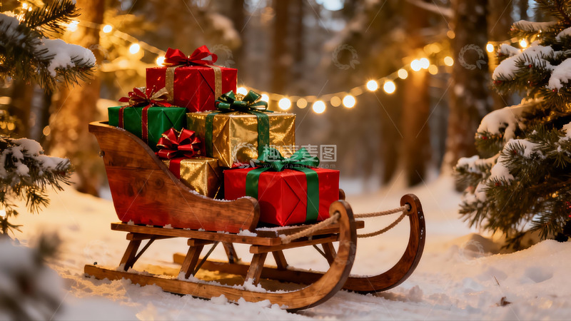 高清大图下载【趣麦麦图】雪地木橇载满圣诞礼物