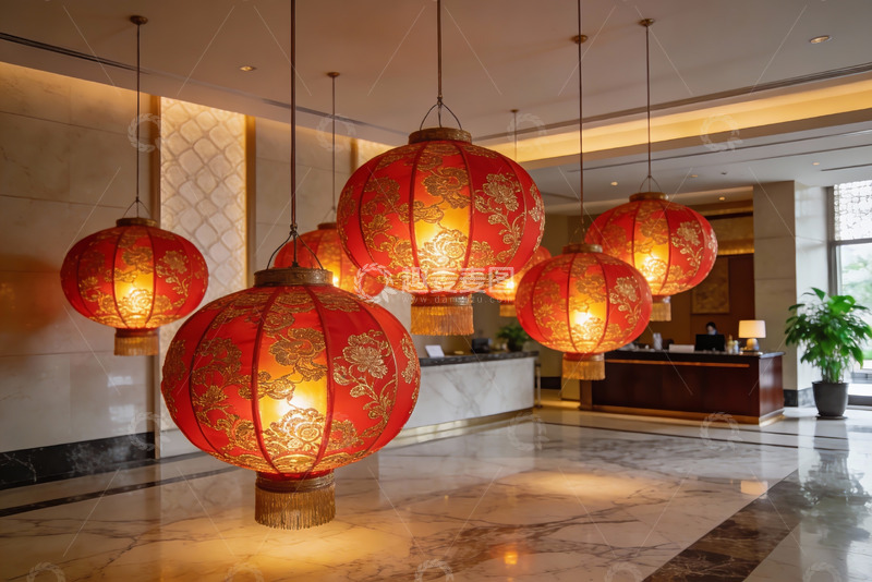 高清大图下载【趣麦麦图】酒店大厅悬挂红色灯笼装饰