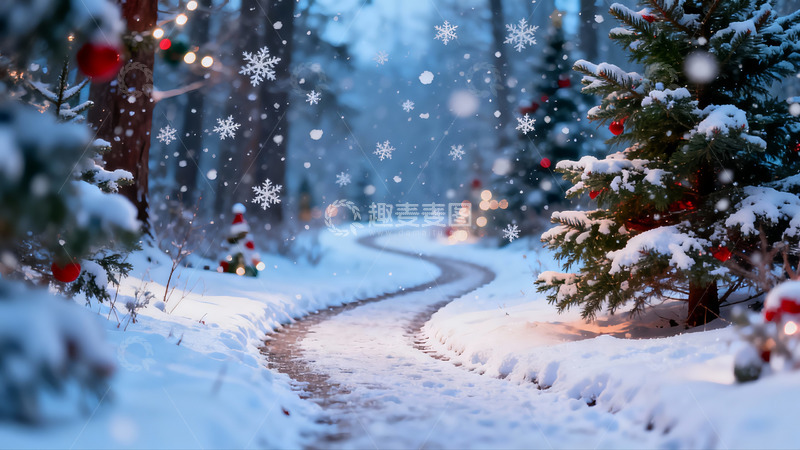 高清大图下载【趣麦麦图】雪夜林间小径圣诞氛围