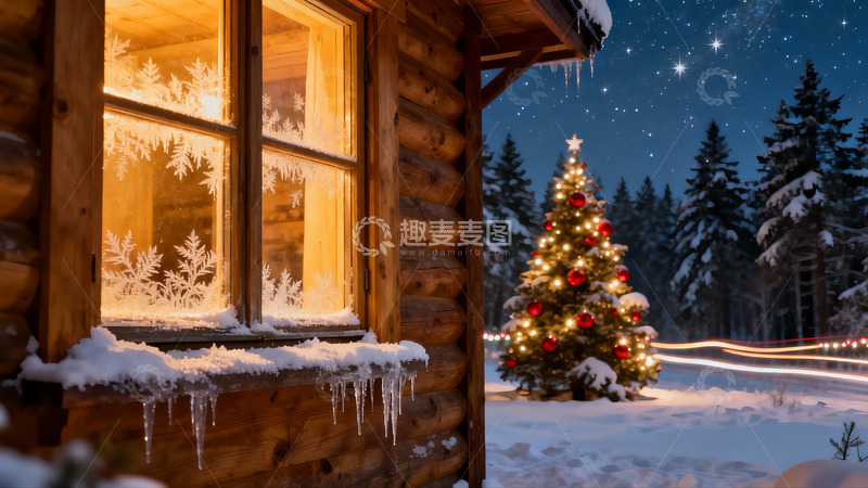 高清大图下载【趣麦麦图】雪夜木屋圣诞树光影