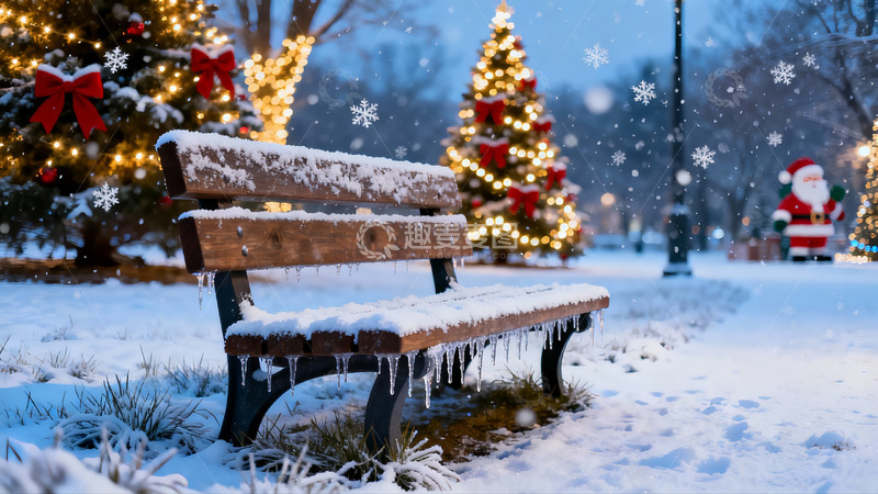 高清大图下载【趣麦麦图】雪夜圣诞长椅静景