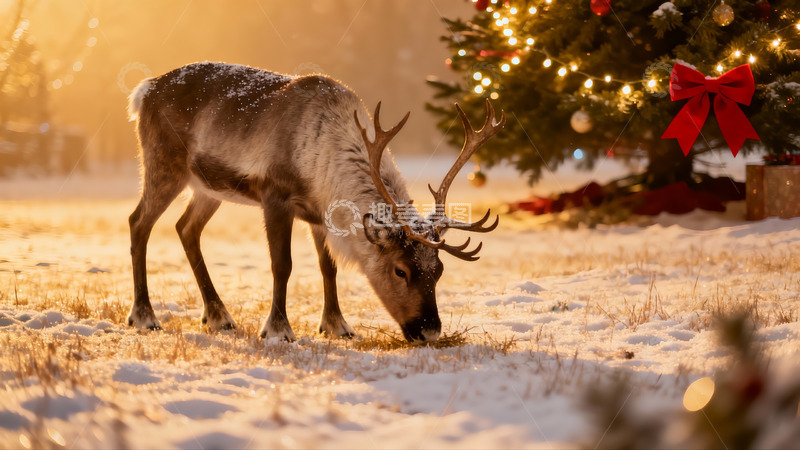 高清大图下载【趣麦麦图】雪地驯鹿圣诞树旁觅食