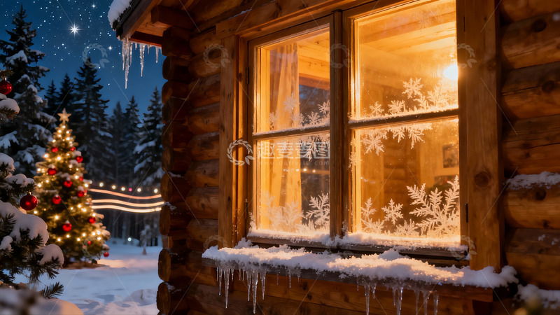 高清大图下载【趣麦麦图】雪夜木屋窗景温馨节日氛围