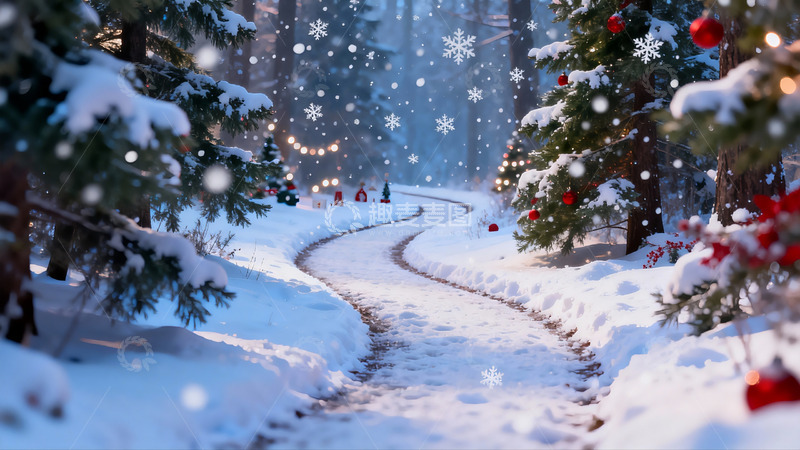 高清大图下载【趣麦麦图】雪夜森林小径节日氛围