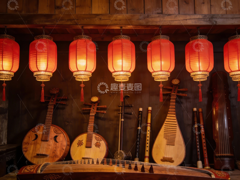 高清大图下载【趣麦麦图】古色古香乐器与红灯笼