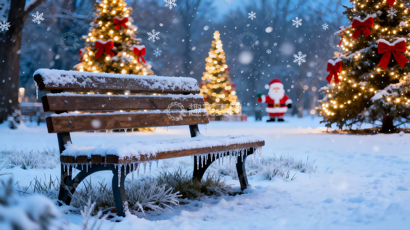 高清大图下载【趣麦麦图】雪夜圣诞长椅与彩灯