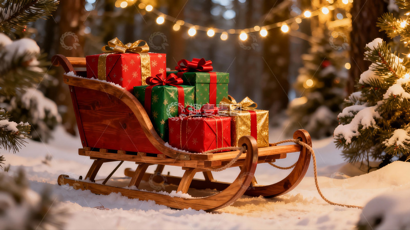 高清大图下载【趣麦麦图】雪地木橇载满圣诞礼物