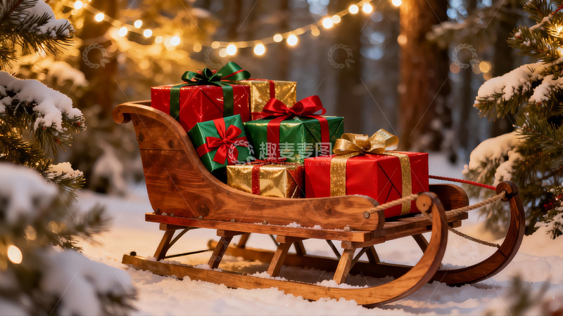 高清大图下载【趣麦麦图】雪地木橇载满圣诞礼物