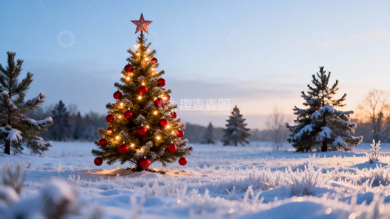 高清大图下载【趣麦麦图】雪地圣诞树夜景