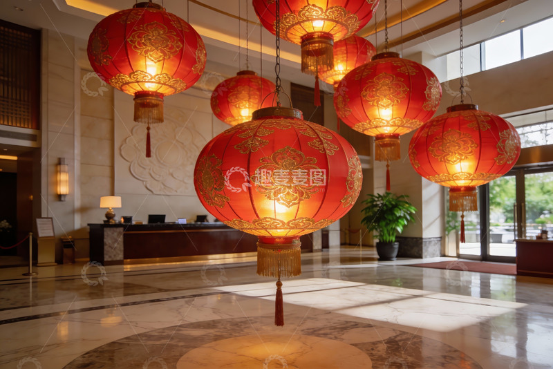 高清大图下载【趣麦麦图】酒店大厅悬挂红色灯笼装饰