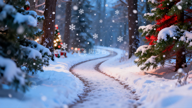 高清大图下载【趣麦麦图】雪夜林间小径圣诞氛围
