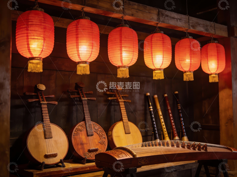 高清大图下载【趣麦麦图】古色古香乐器与红灯笼