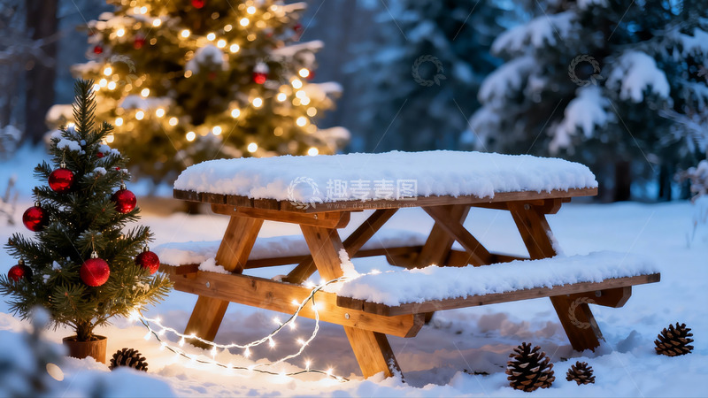 高清大图下载【趣麦麦图】雪夜圣诞树与木桌