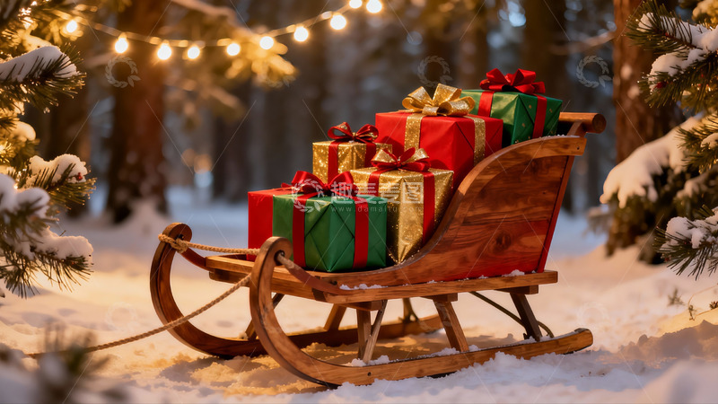高清大图下载【趣麦麦图】雪地木橇载满圣诞礼物