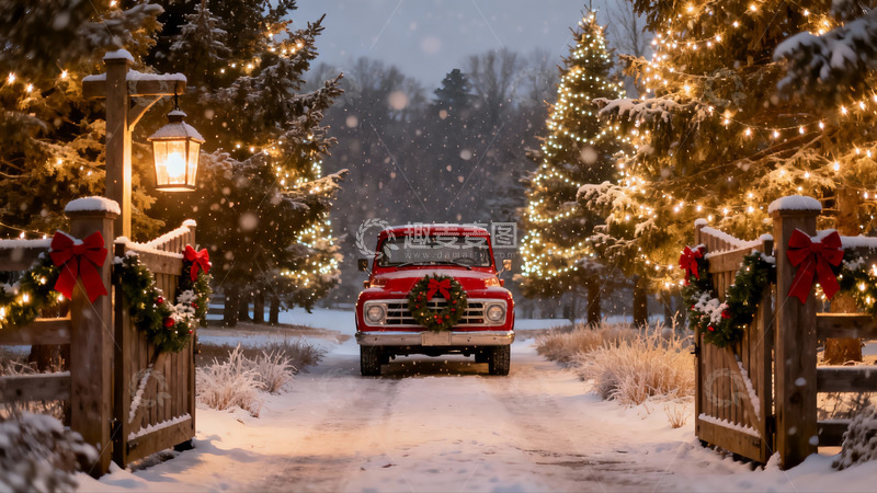 高清大图下载【趣麦麦图】雪夜圣诞红卡车与彩灯