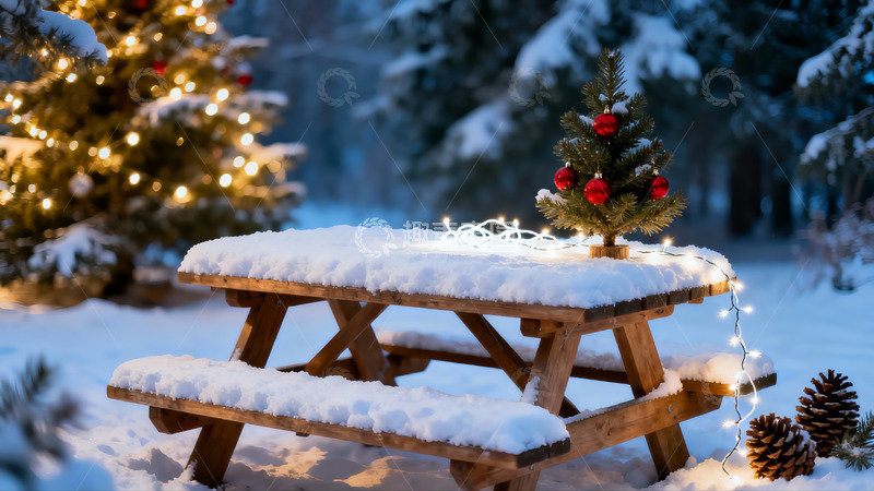 高清大图下载【趣麦麦图】雪地木桌圣诞树夜景
